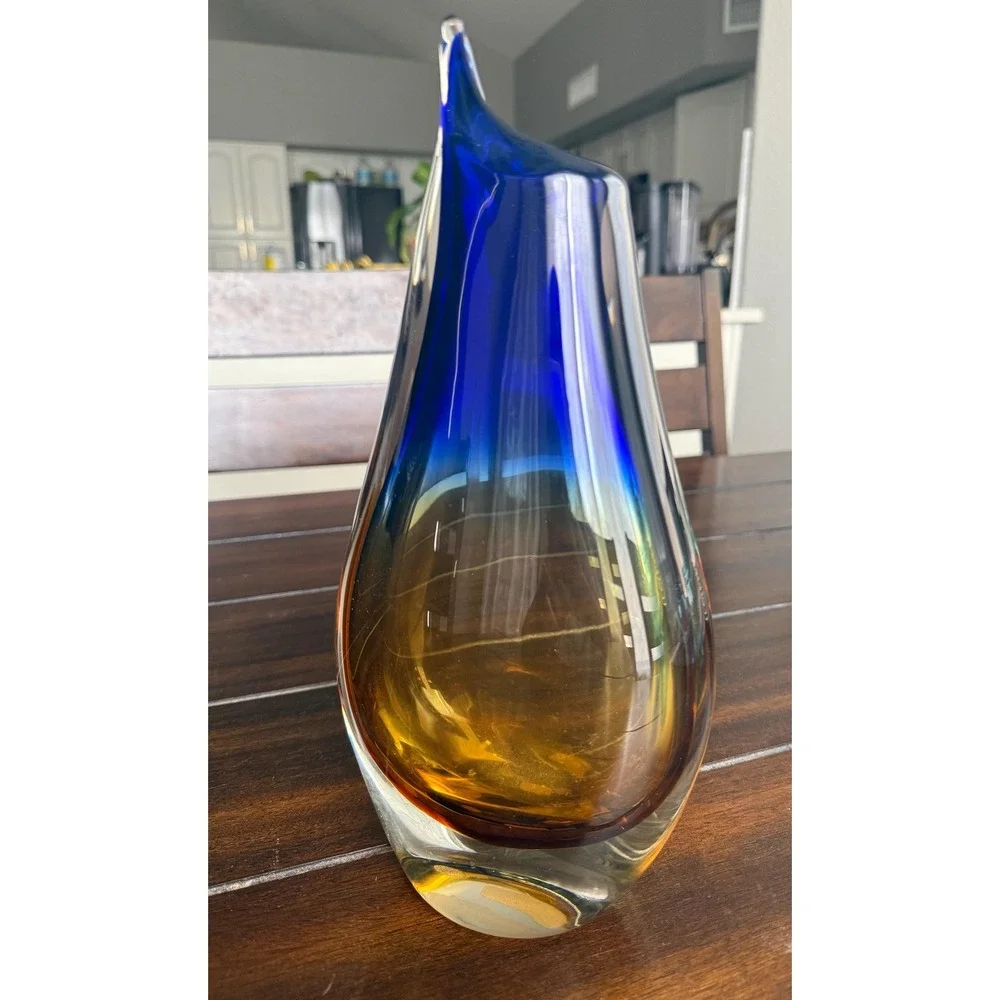 VTG Handblown Brazilian Art Glass Vase Blue & Amber Novica Brazil Collection